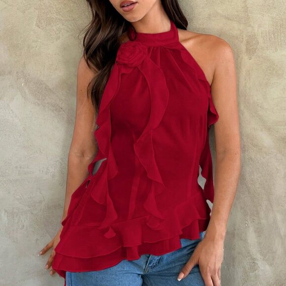 Red Casual Women's Ruched Floral 3d Decoration Halter Top - Picture 2 of 6